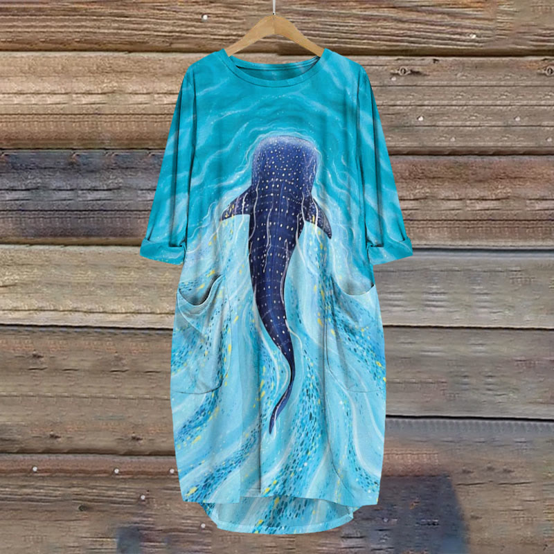 Ombre Whale Art Print Crew Neck Casual Dress - Blue - 8XL - image 1