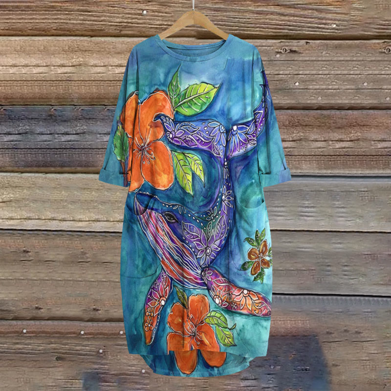 Ombre Floral Whale Watercolor Art Print Crew Neck Casual Dress - Blue - 8XL - image 1