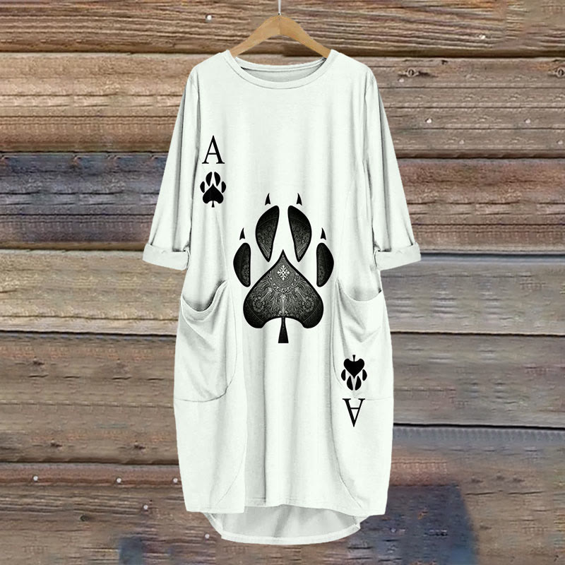 Creative Poker Cat Paw Print Crew Neck Dress - Beige - 8XL - image 1