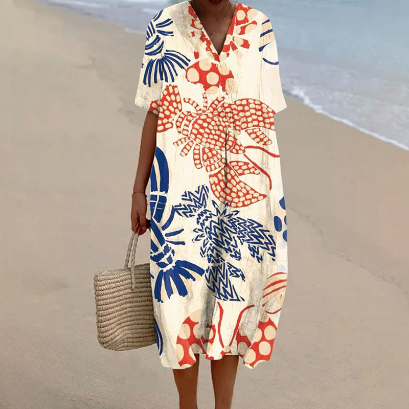 Women's Funny Abstract Lobster Pattern V-neck Short Sleeved Casual Midi Dress - Apricot - 6XL - image 1