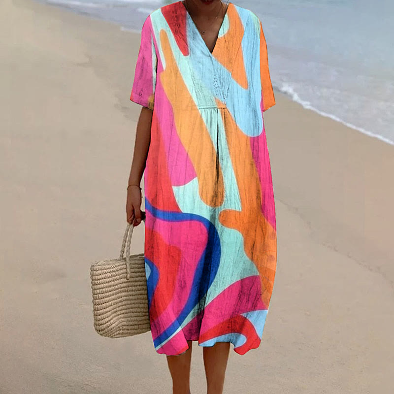 Women's Colorful Irregular Striped Graffiti V-neck Short Sleeved Casual Midi Dress - Multicolor - 6XL - image 1