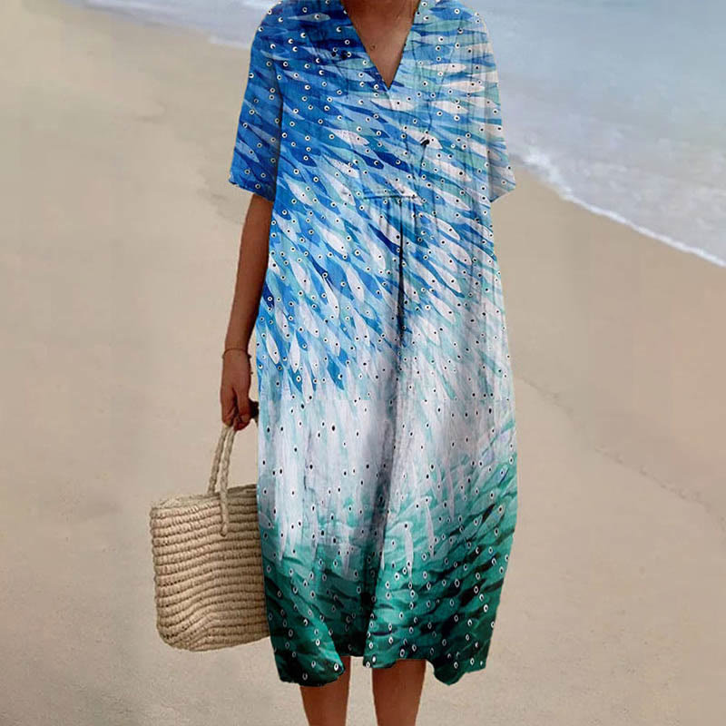 Women's Vintage Abstract Watercolor Fish School V-neck Short Sleeved Casual Midi Dress - Blue - 6XL - image 1