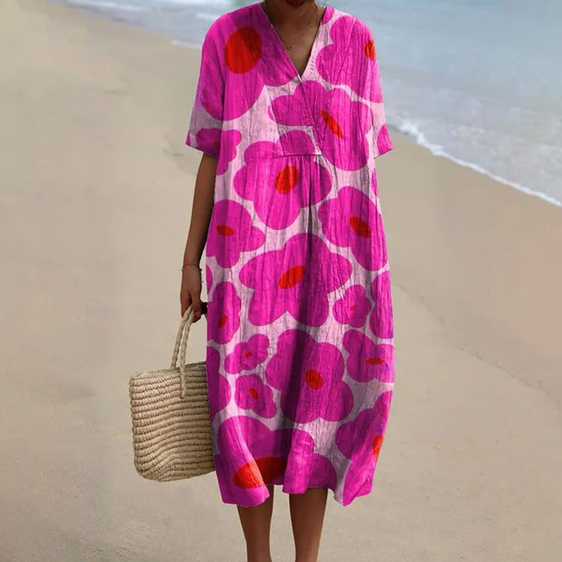 Women's Japanese Retro Purple Sakura Art V-neck Short Sleeved Casual Midi Dress - Purple - 6XL - image 1