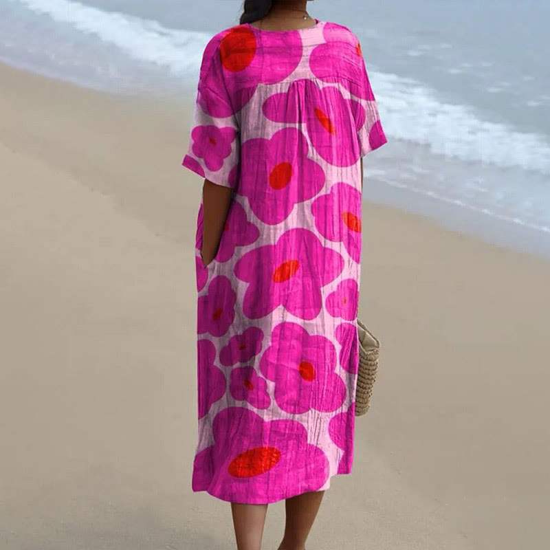 Women's Japanese Retro Purple Sakura Art V-neck Short Sleeved Casual Midi Dress - image 2