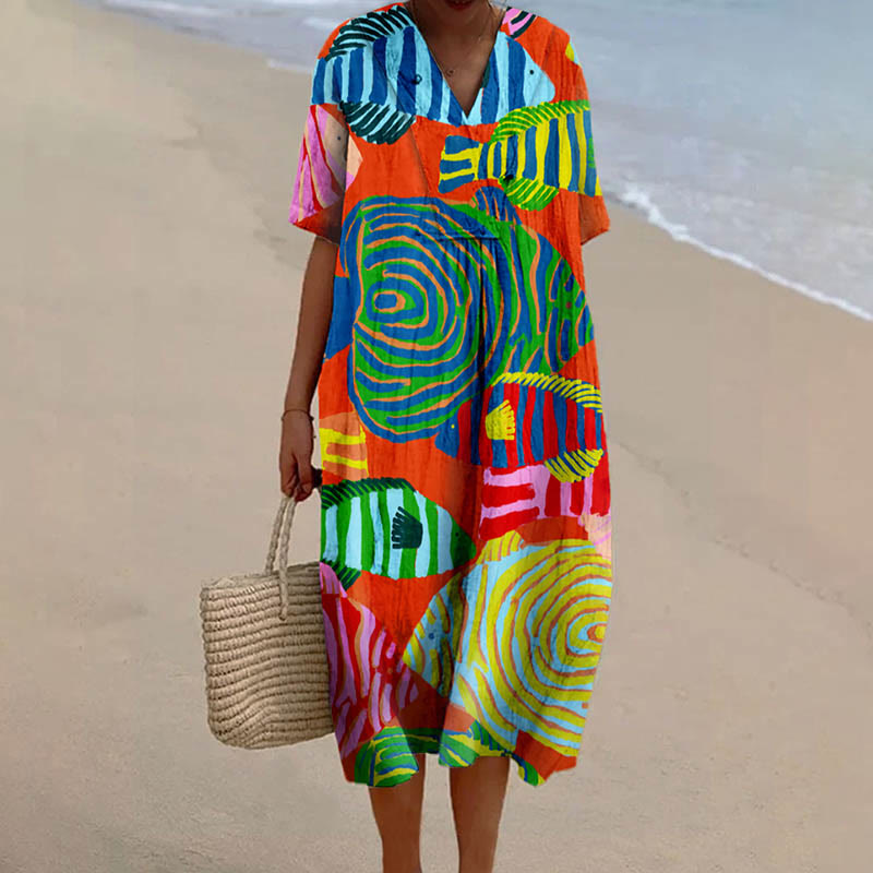 Women's Colorful Abstract Tropical Fish V-neck Short Sleeved Casual Midi Dress - Multicolor - 6XL - image 1