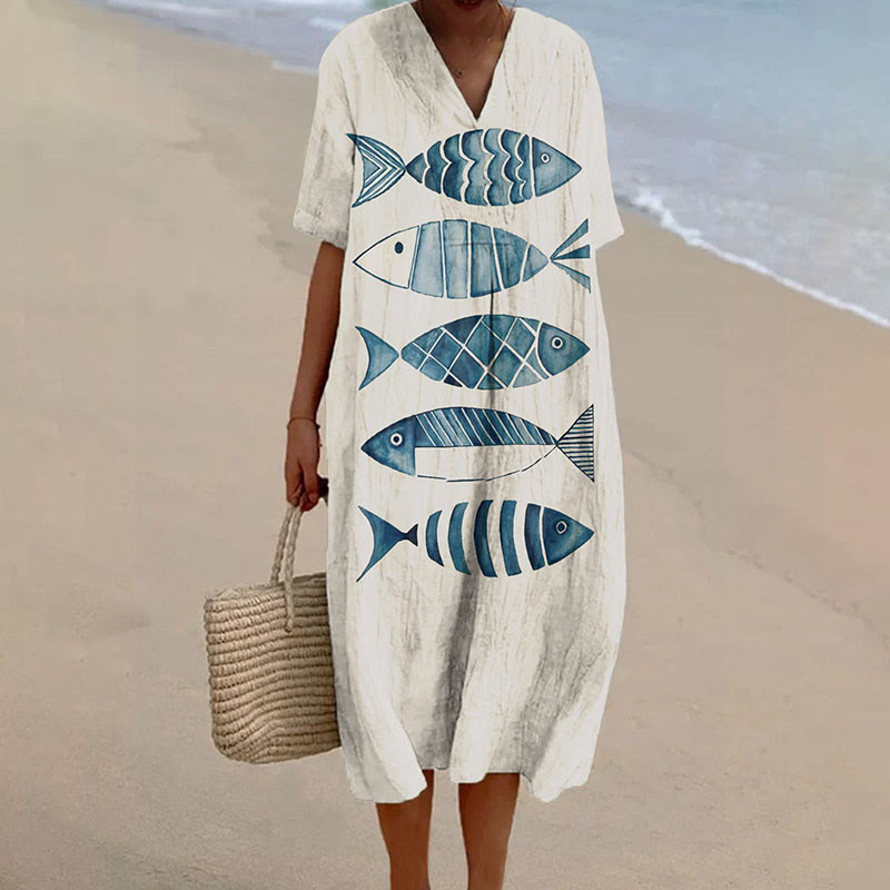 Women's Funny Abstract Splicing Fish Art V-neck Short Sleeved Casual Midi Dress - White - 6XL - image 1