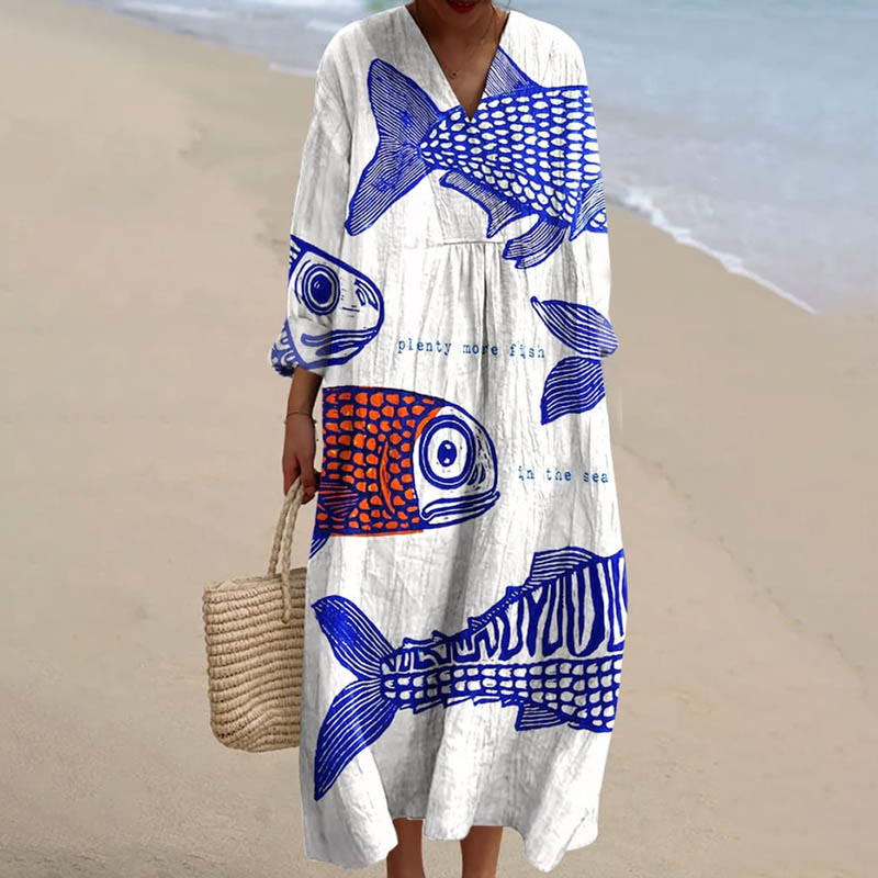 Women's Funny Sketch Drawing Walleye Fish V-neck Long Sleeved Casual Midi Dress - White - 6XL - image 1