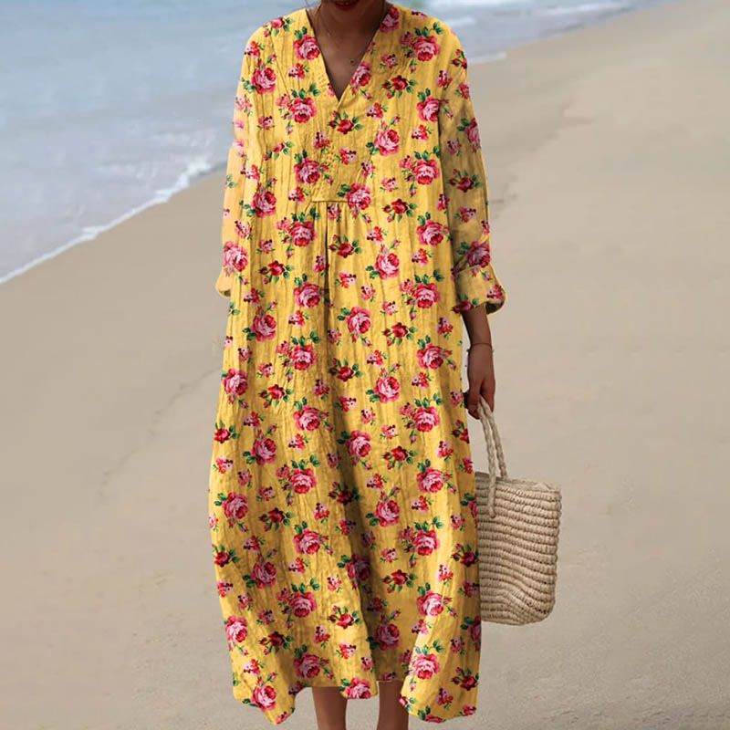 Women's Vintage Small Rose Blossom Floral Art V-neck Long Sleeved Casual Midi Dress - Yellow - 6XL - image 1