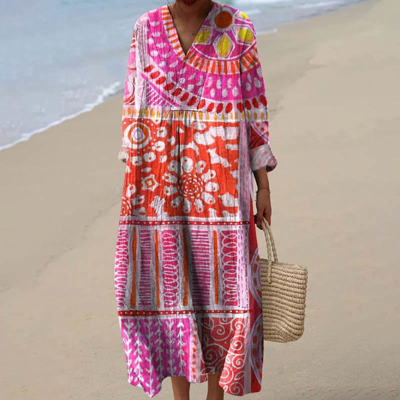 Women's Japanese Retro Floral Intricate Pattern V-neck Long Sleeved Casual Midi Dress - Purple - 6XL - image 1