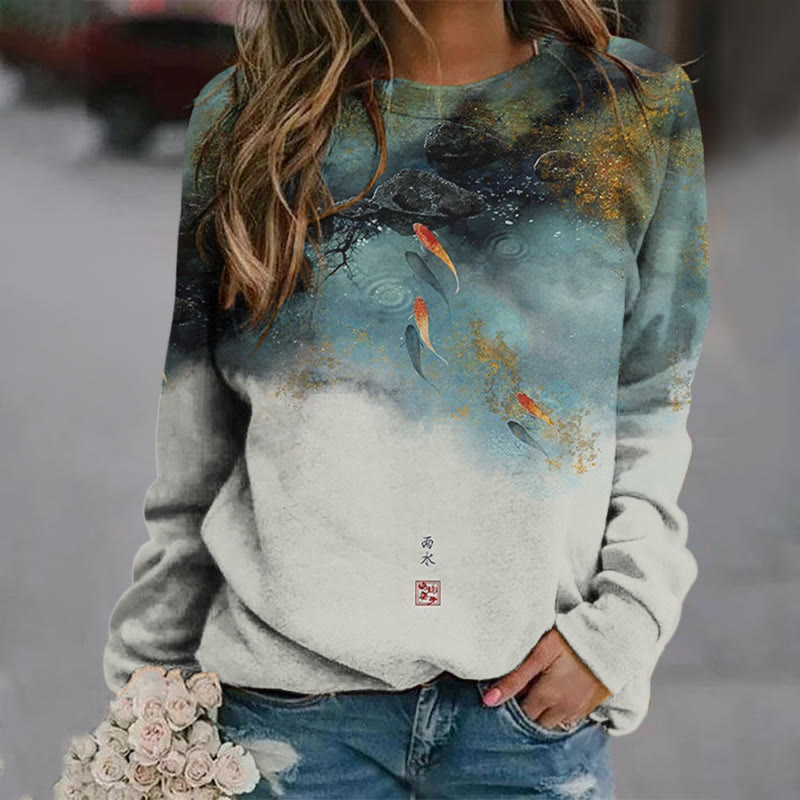 Japanese Goldfish Contrasting Print Sweatshirt - Lake Blue - 5XL - image 1