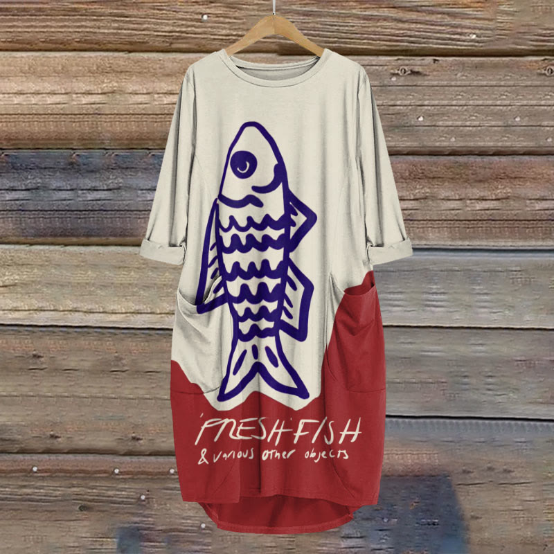 Women's Casual Silme Drawing Pnesh Fish Art Print Crew Neck Casual Dress - Apricot - 8XL - image 1