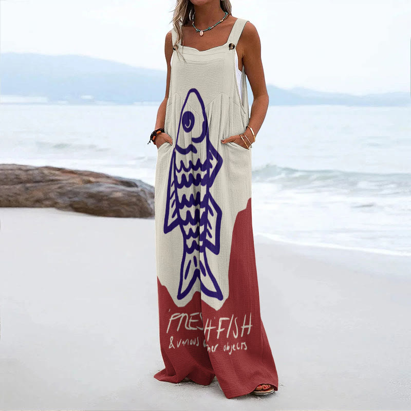 Women's Casual Silme Drawing Pnesh Fish Art Printed Jumpsuit - Apricot - 5XL - image 1