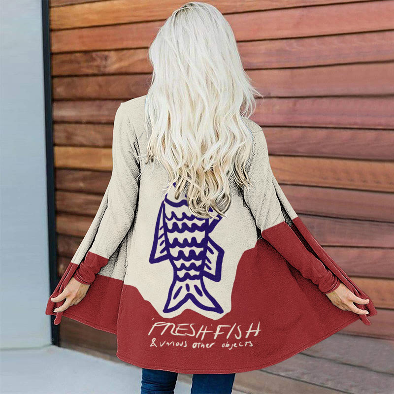 Women's Casual Silme Drawing Pnesh Fish Art Print Long Sleeve Cardigan - Apricot - 5XL - image 1