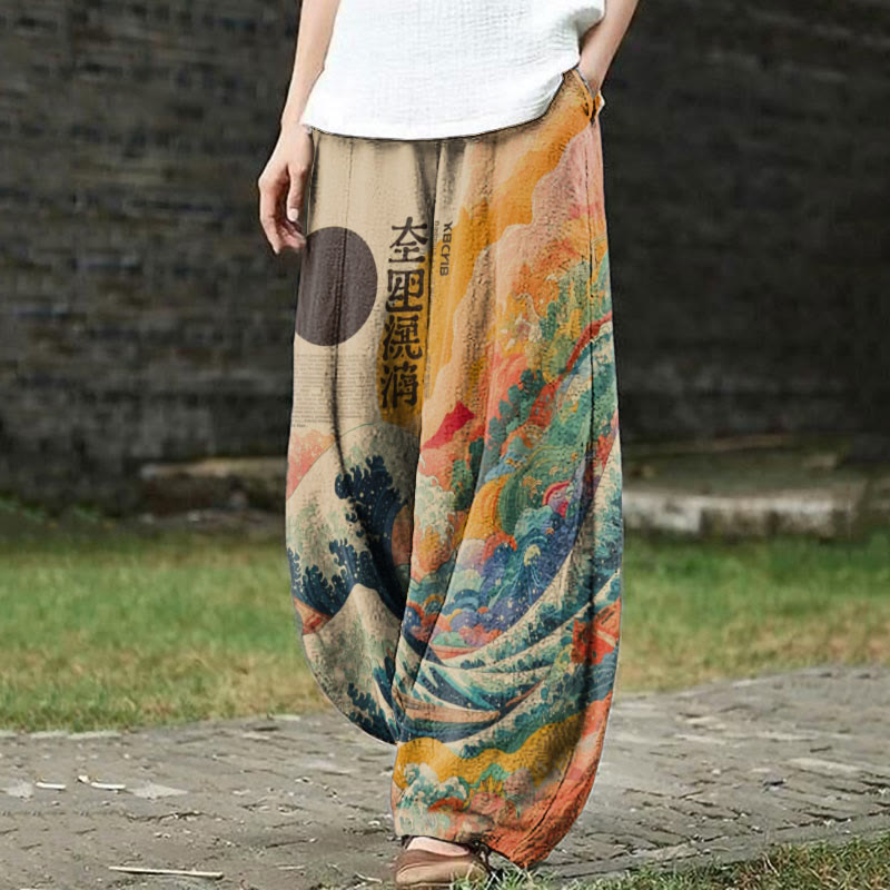 Abstract Japanese Art Great Wave Vibrant Clouds Print Casual Pants - Khaki - 5XL - image 1