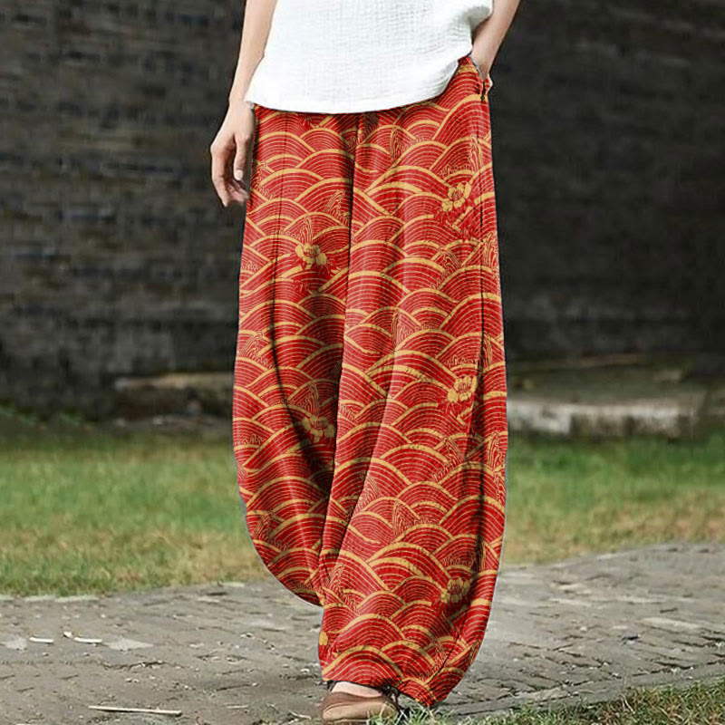 Red Gold Art Wave Print Casual Pants - Red - 5XL - image 1