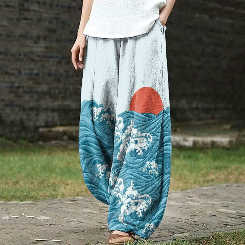 Retro Waves Meet Sun Print Casual Pants - Blue - 5XL - image 1