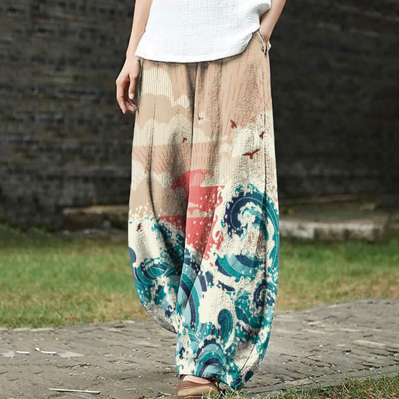 Creative Retro Great Wave Art Print Casual Pants - Khaki - 5XL - image 1