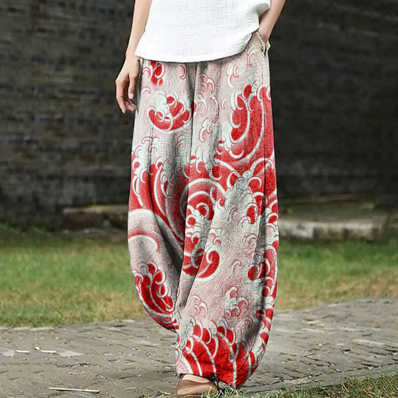 Vintage Japanese Great Wave Print Casual Pants - Red - 5XL - image 1