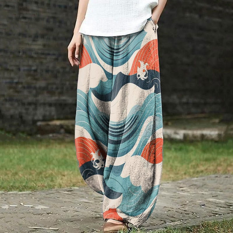 Creative Japanese Great Wave Off Kanagawa Print Casual Pants - Blue - 5XL - image 1