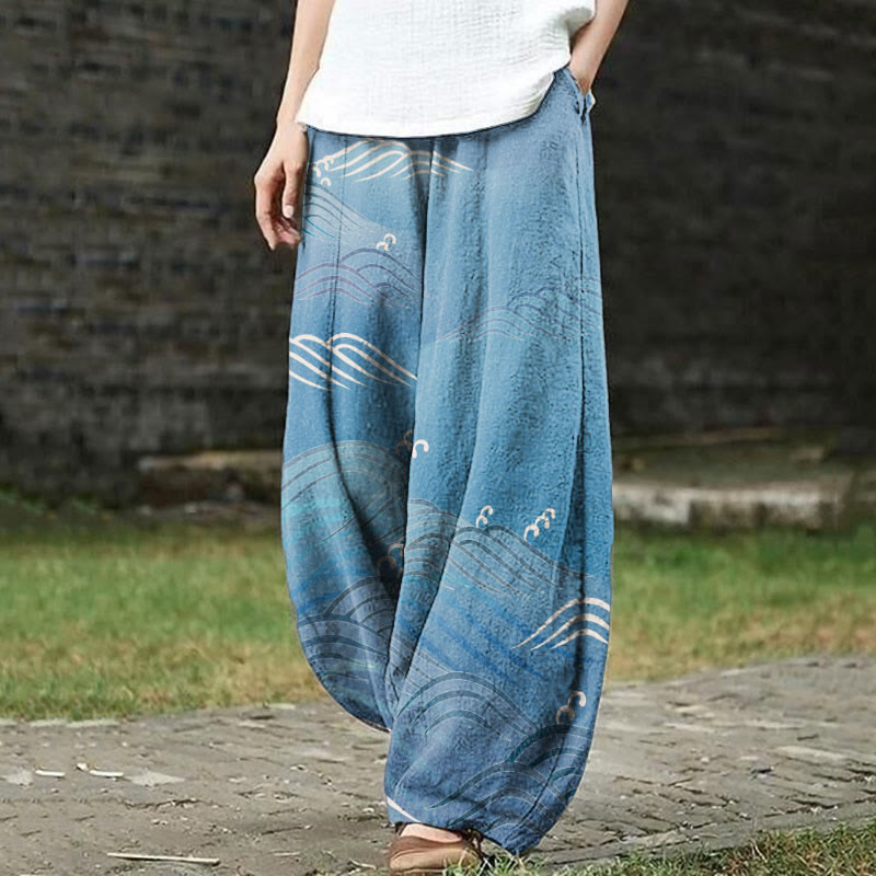 Japanese Style Simple Lines Wave Print Casual Pants - Blue - 5XL - image 1