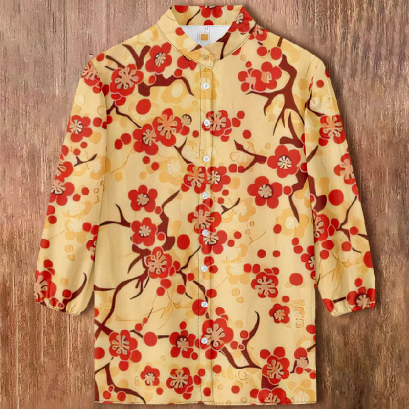 Women's Vintage Japanese Sakura Art Print Casual 3/4 Sleeve Blouse - image 2