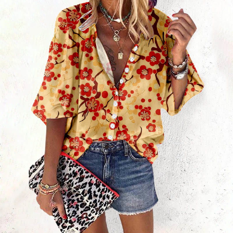 Women's Vintage Japanese Sakura Art Print Casual 3/4 Sleeve Blouse - Orange - 6XL - image 1