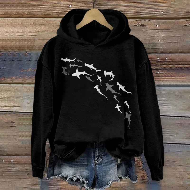 Dashingsoul Shark Print Casual Long Sleeve Hoodie