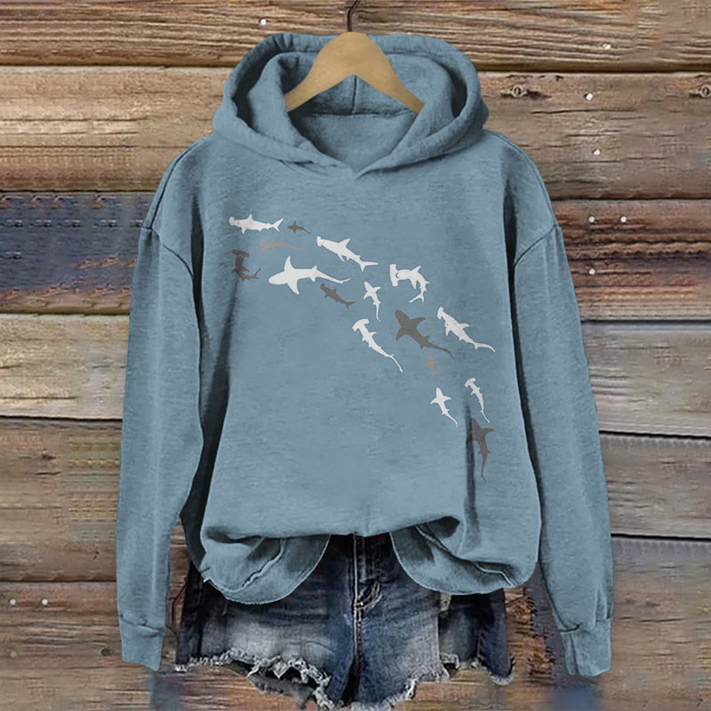 Dashingsoul Shark Print Casual Long Sleeve Hoodie