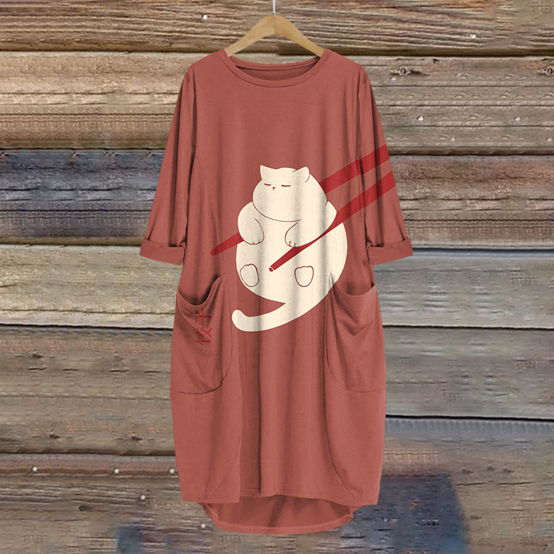 Cat Dumpling Art Print Crew Neck Casual Dress