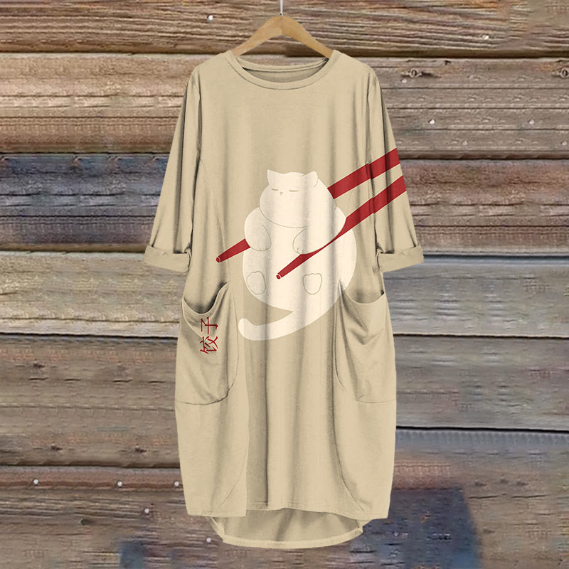 Cat Dumpling Art Print Crew Neck Casual Dress