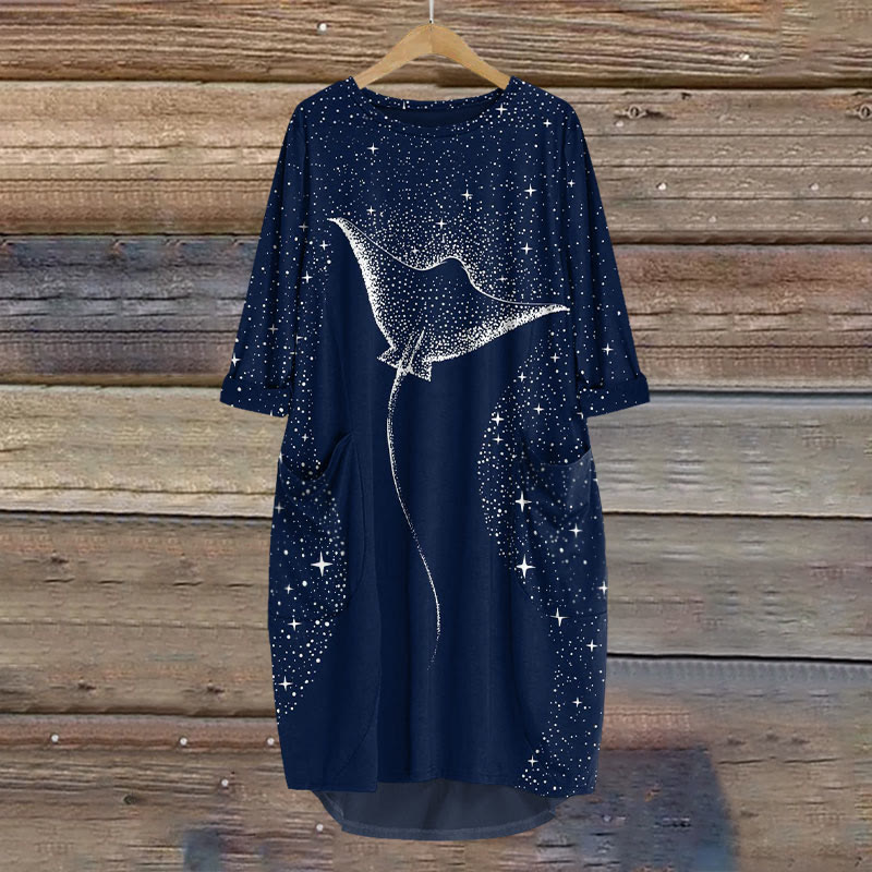 Starry Spotted Eagle Rays Print Crew Neck Casual Dress