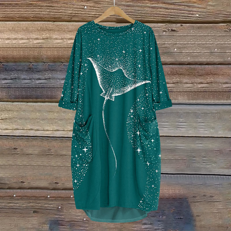 Starry Spotted Eagle Rays Print Crew Neck Casual Dress