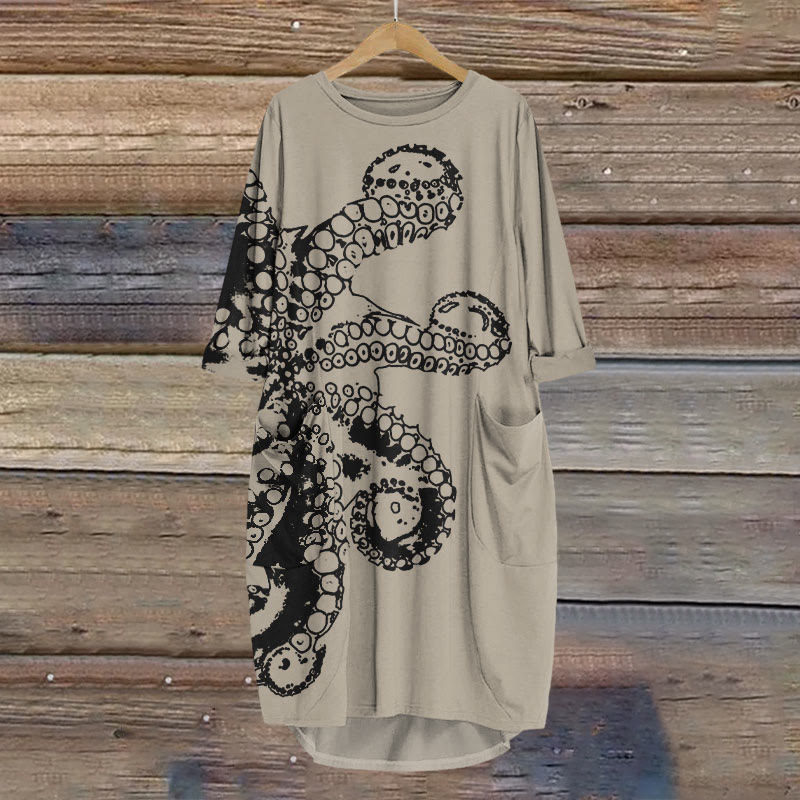 Octopus Asymmetric Print Crew Neck Casual Dress