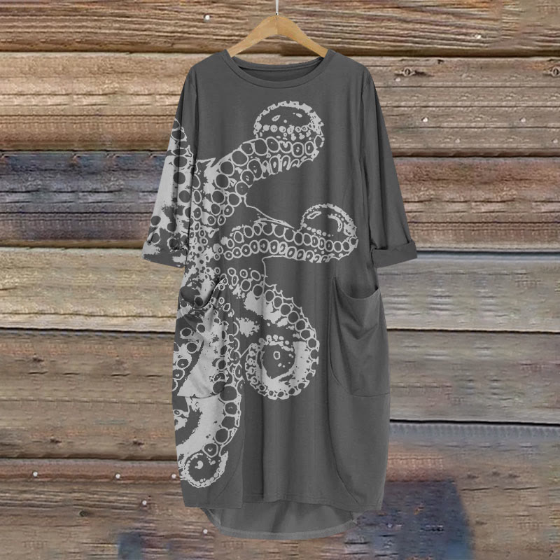 Octopus Asymmetric Print Crew Neck Casual Dress