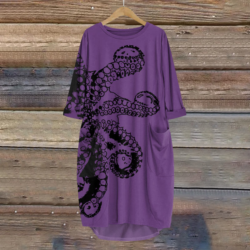 Octopus Asymmetric Print Crew Neck Casual Dress