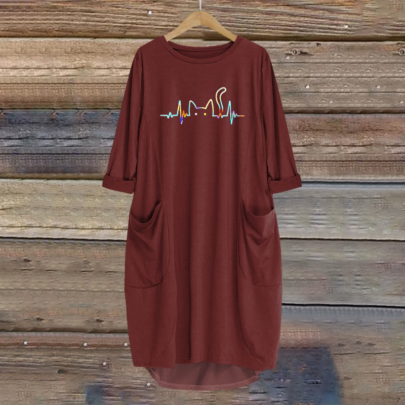 Rainbow Ecg Cat Print Crew Neck Casual Dress