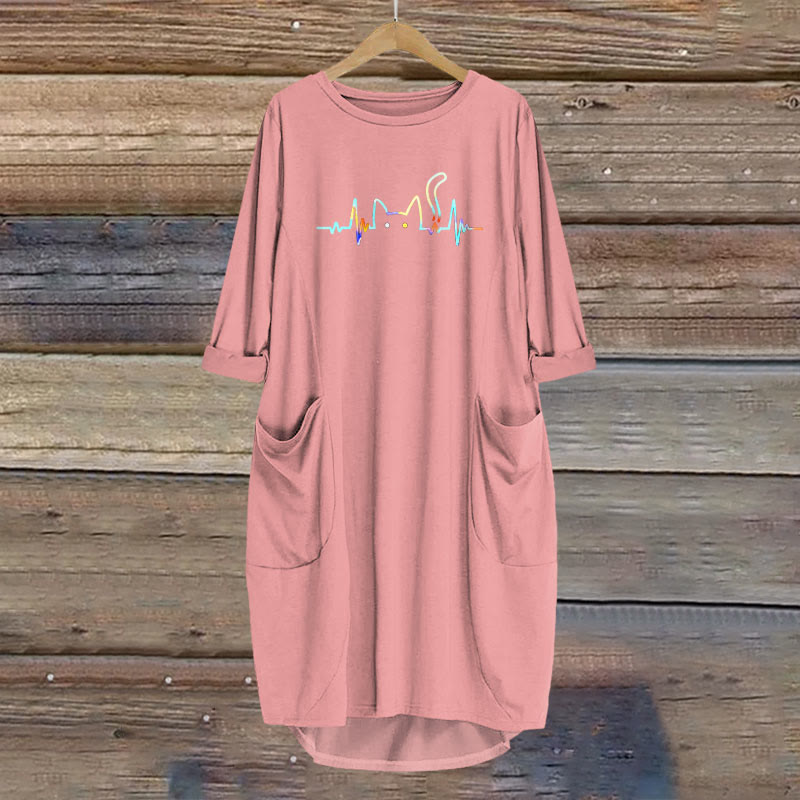 Rainbow Ecg Cat Print Crew Neck Casual Dress