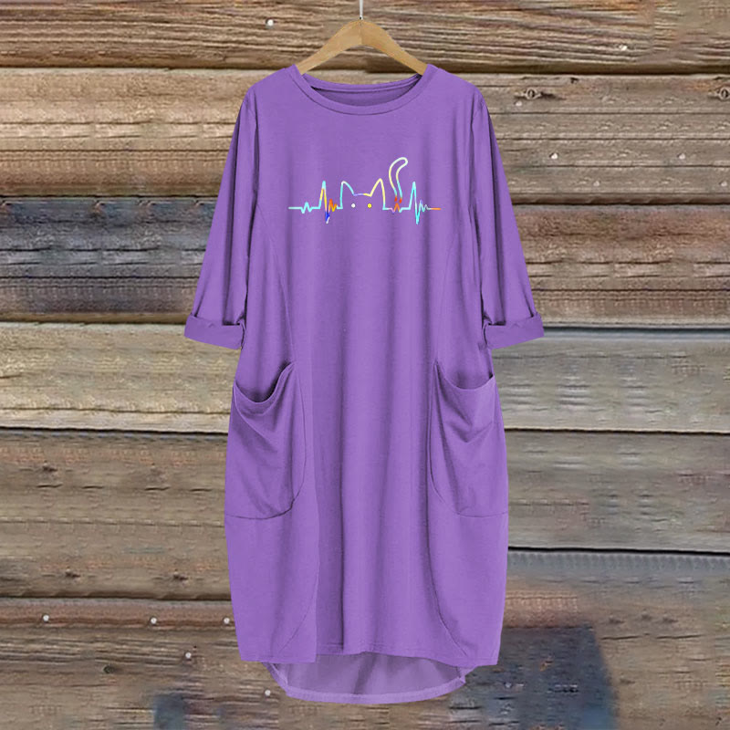 Rainbow Ecg Cat Print Crew Neck Casual Dress
