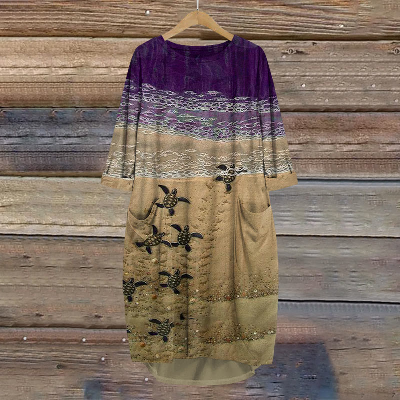 Baby Sea Turtles Beach Fiber Art Print Crew Neck Casual Dress