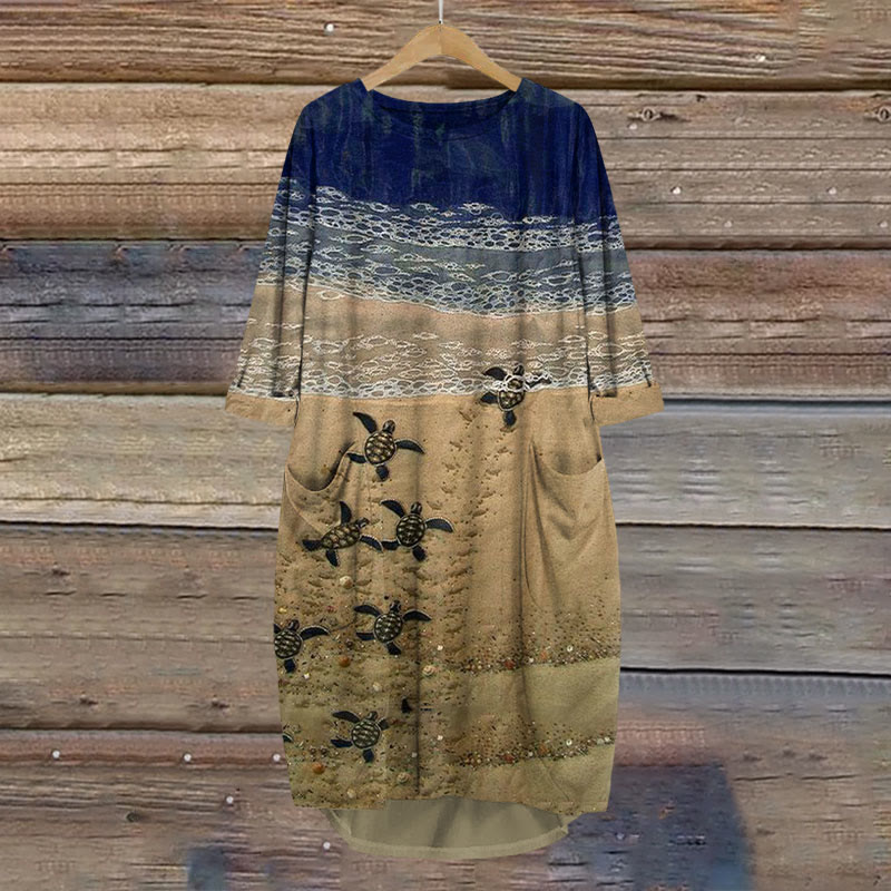 Baby Sea Turtles Beach Fiber Art Print Crew Neck Casual Dress
