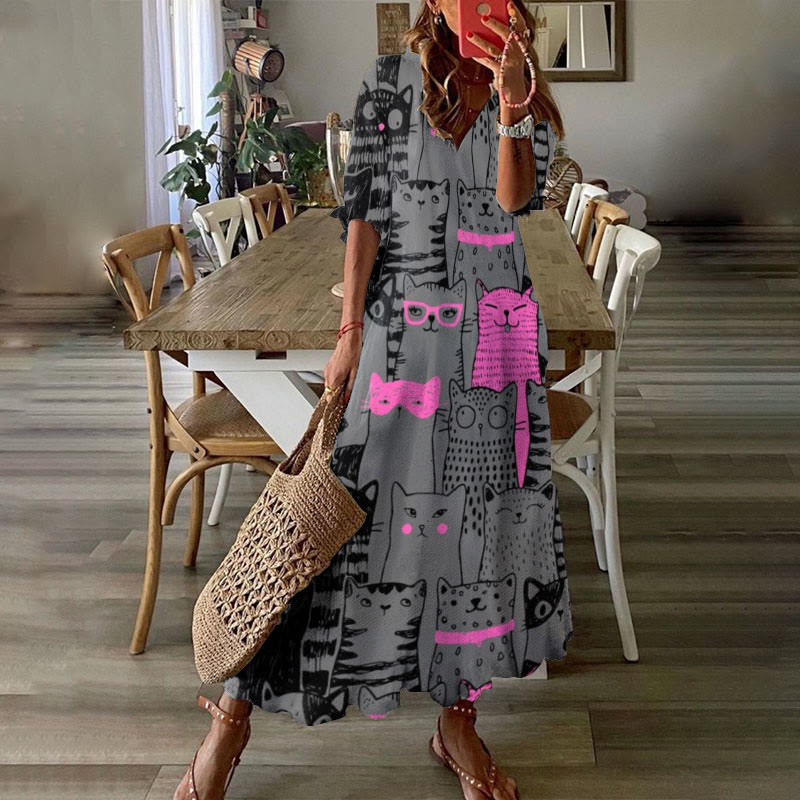 Women's Funny Stacked Spotted Cat Art Print Short Sleeve V-neck Maxi Dress - Grey - 6XL - image 1