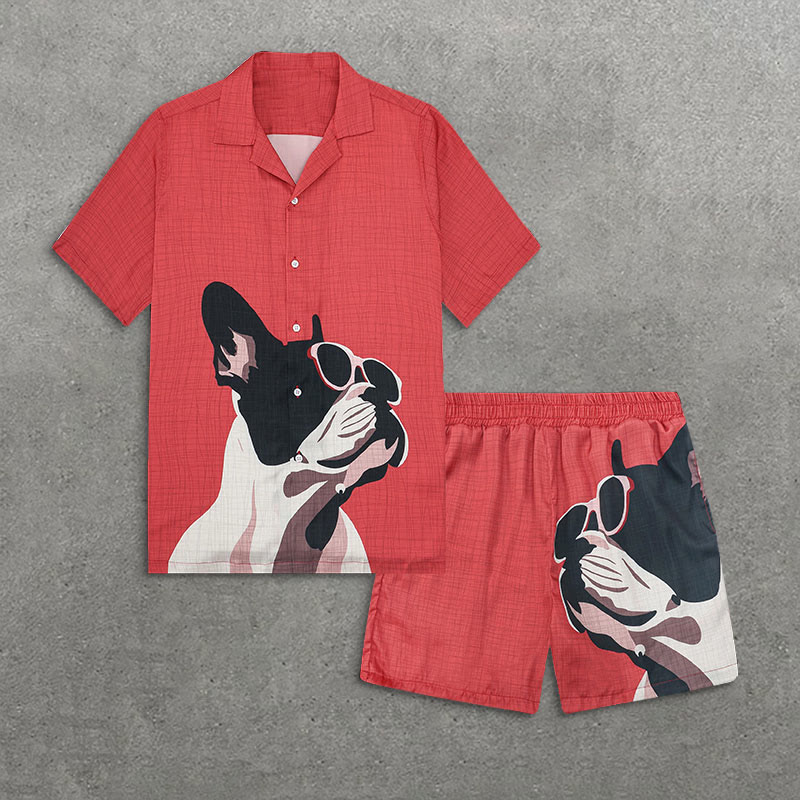 Cute French Bulldog Print Short Sleeve Camp Collar Shirt Set - Red - 5XL - image 1