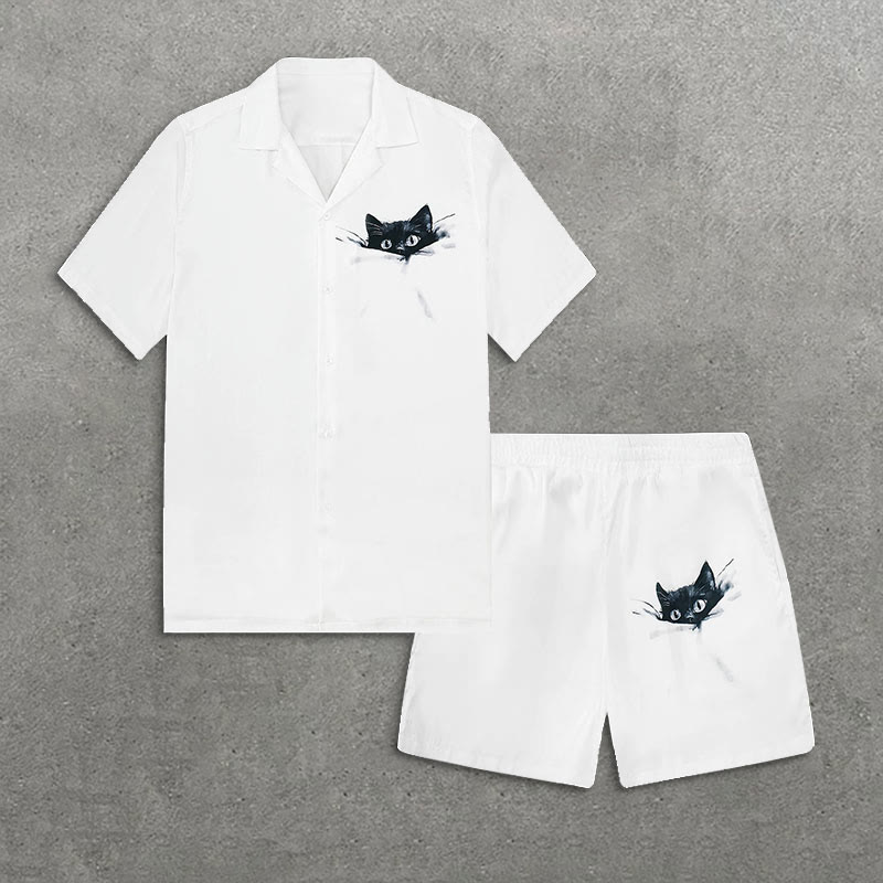 Creative Cute Hide And Seek Cat Print Short Sleeve Camp Collar Shirt Set - White - 5XL - image 1