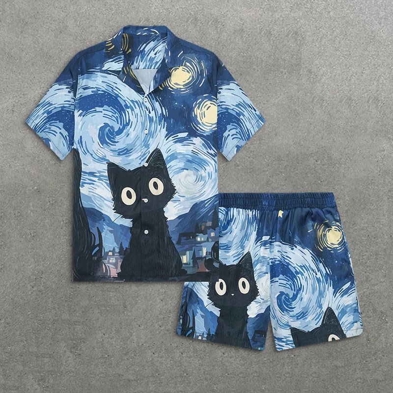 Creative Starry Black Cat Art Print Short Sleeve Camp Collar Shirt Set - Blue - 5XL - image 1