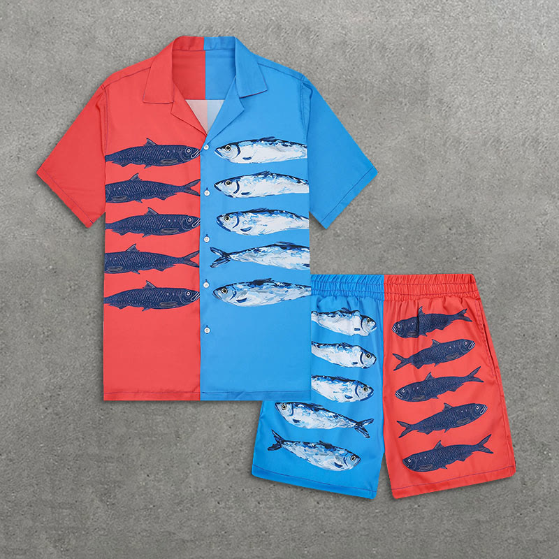 Summer Casual Colorblock Sardines Art Print Short Sleeve Camp Collar Shirt Set - Blue - 5XL - image 1