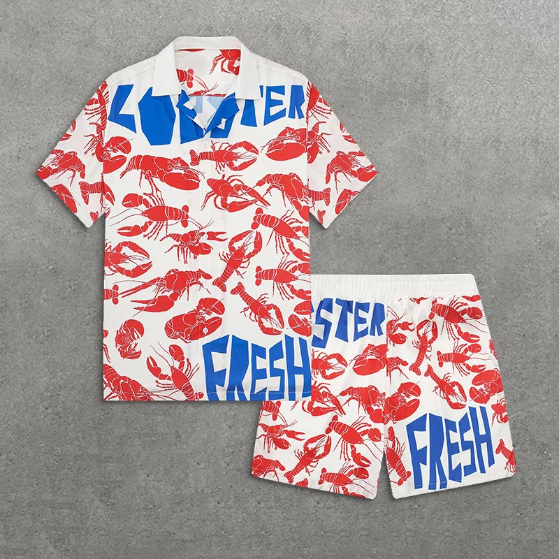 Vacation Fresh Lobster Print Short Sleeve Camp Collar Shirt Set - Beige - 5XL - image 1