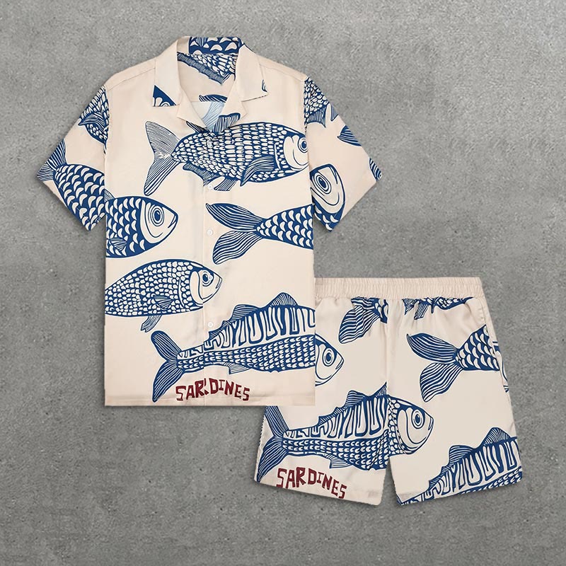 Vacation Retro Sardine Print Short Sleeve Camp Collar Shirt Set - Apricot - 5XL - image 1