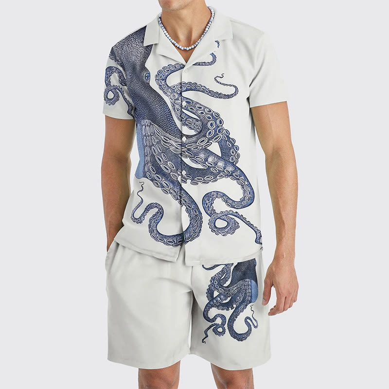 Octopus Art Print Short Sleeve Camp Collar Shirt Set - image 2