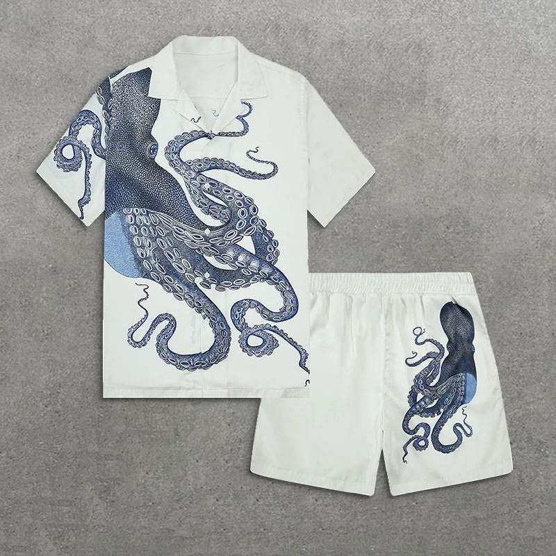 Octopus Art Print Short Sleeve Camp Collar Shirt Set - Light Blue - 5XL - image 1