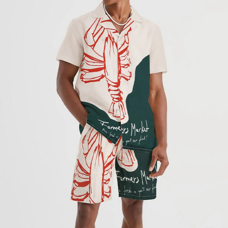 Forest Green Colorblock Lobsters Pattern Short Sleeve Camp Collar Shirt Set - image 2